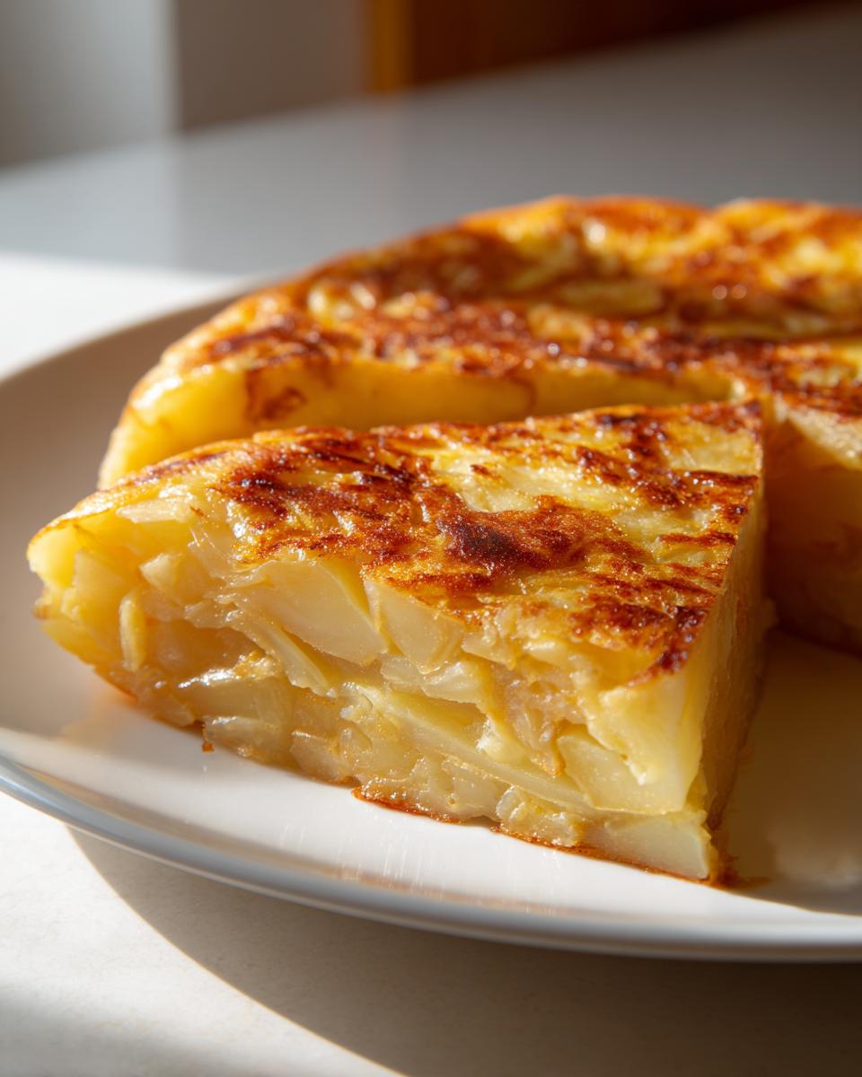 Porción de tortilla de patatas dorada en un plato blanco, ideal para recetas de brunch de fin de semana