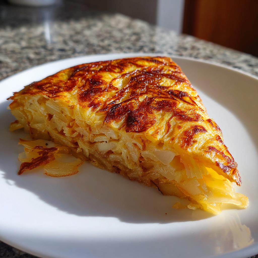 Porción de tortilla de patatas dorada servida en un plato blanco para recetas de brunch de fin de semana