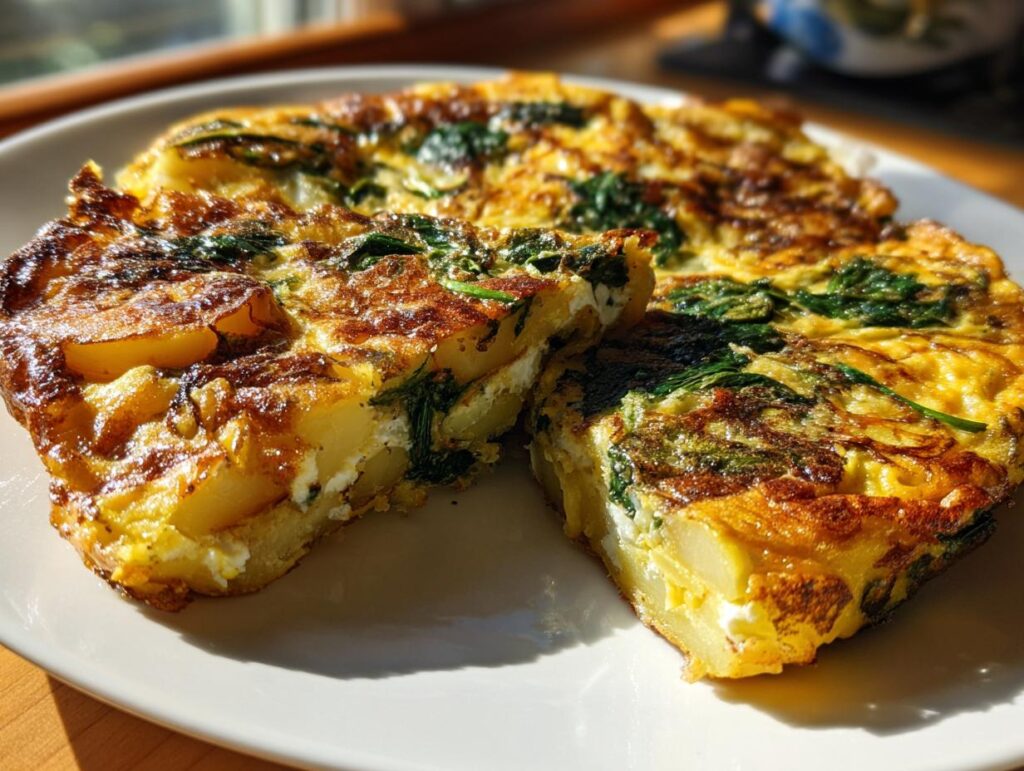 Tortilla de patatas creativa con espinacas y queso en un plato blanco