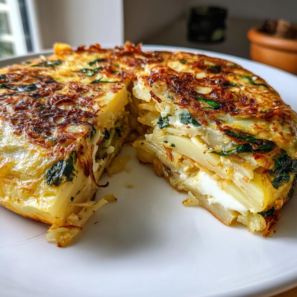 Tortilla de patatas creativas con espinacas y queso en un plato blanco con un trozo cortado