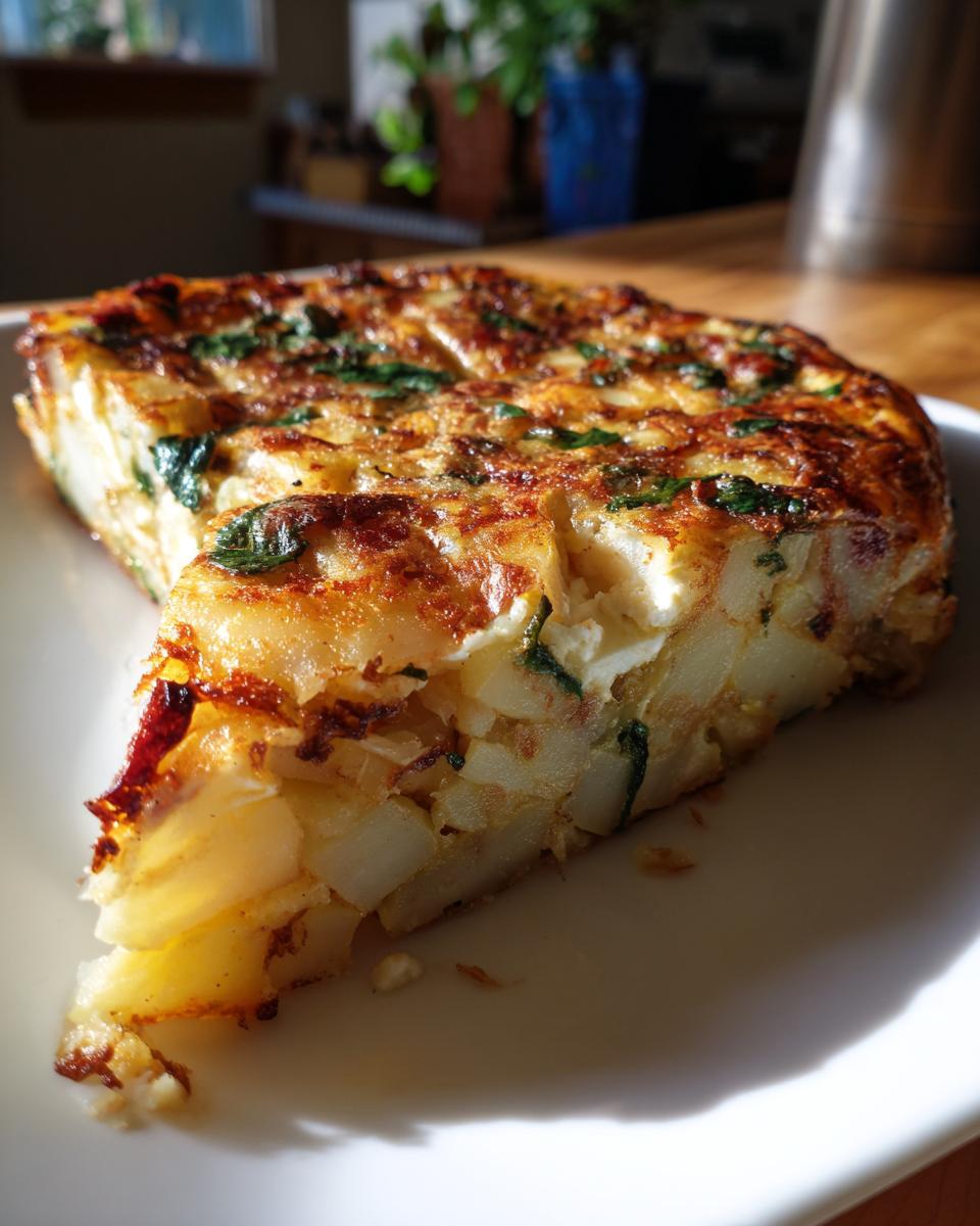 Porción de tortilla de patatas creativa con espinacas y queso en un plato blanco.