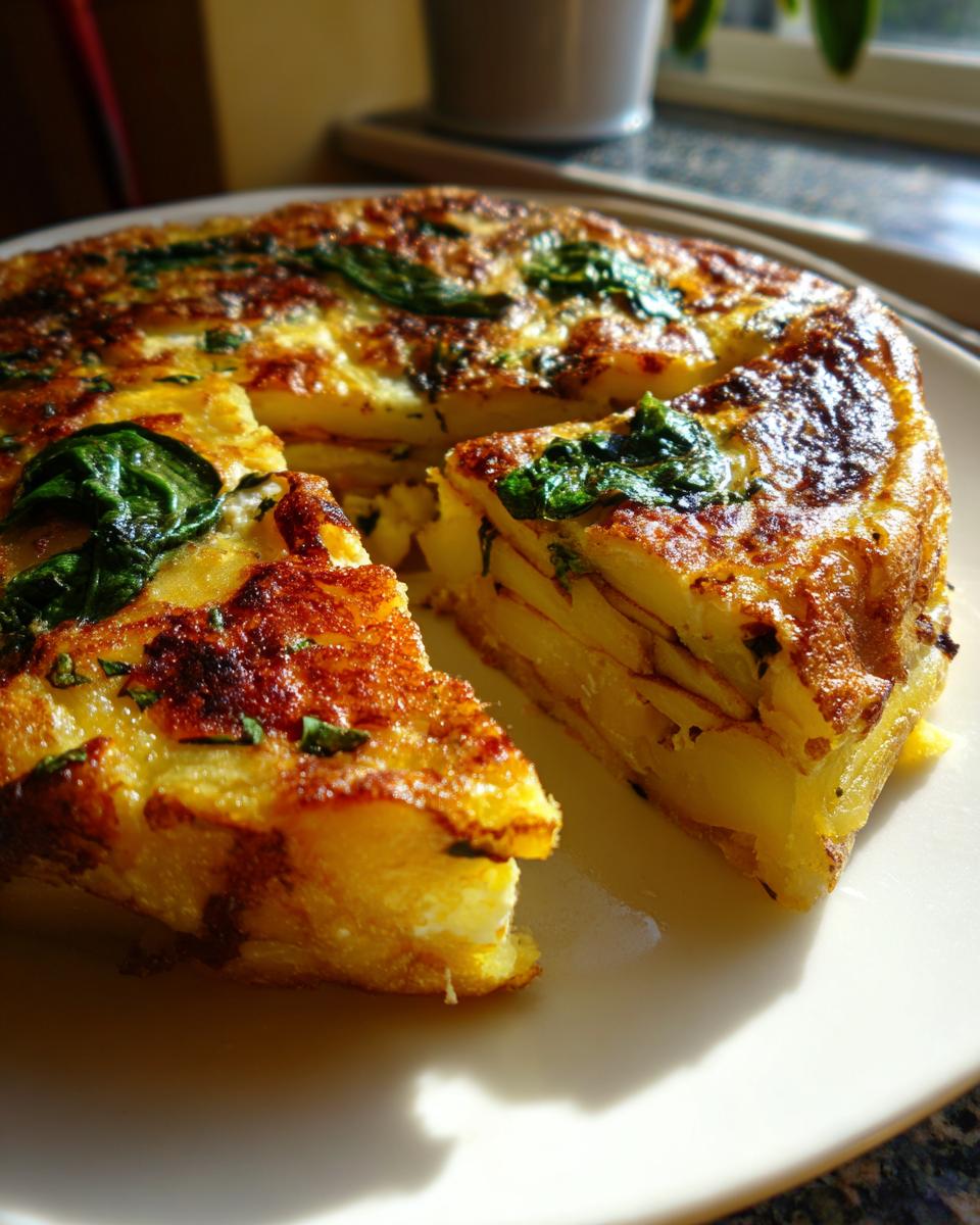 Tortilla de patatas creativa con capas de patata y espinacas frescas en plato blanco