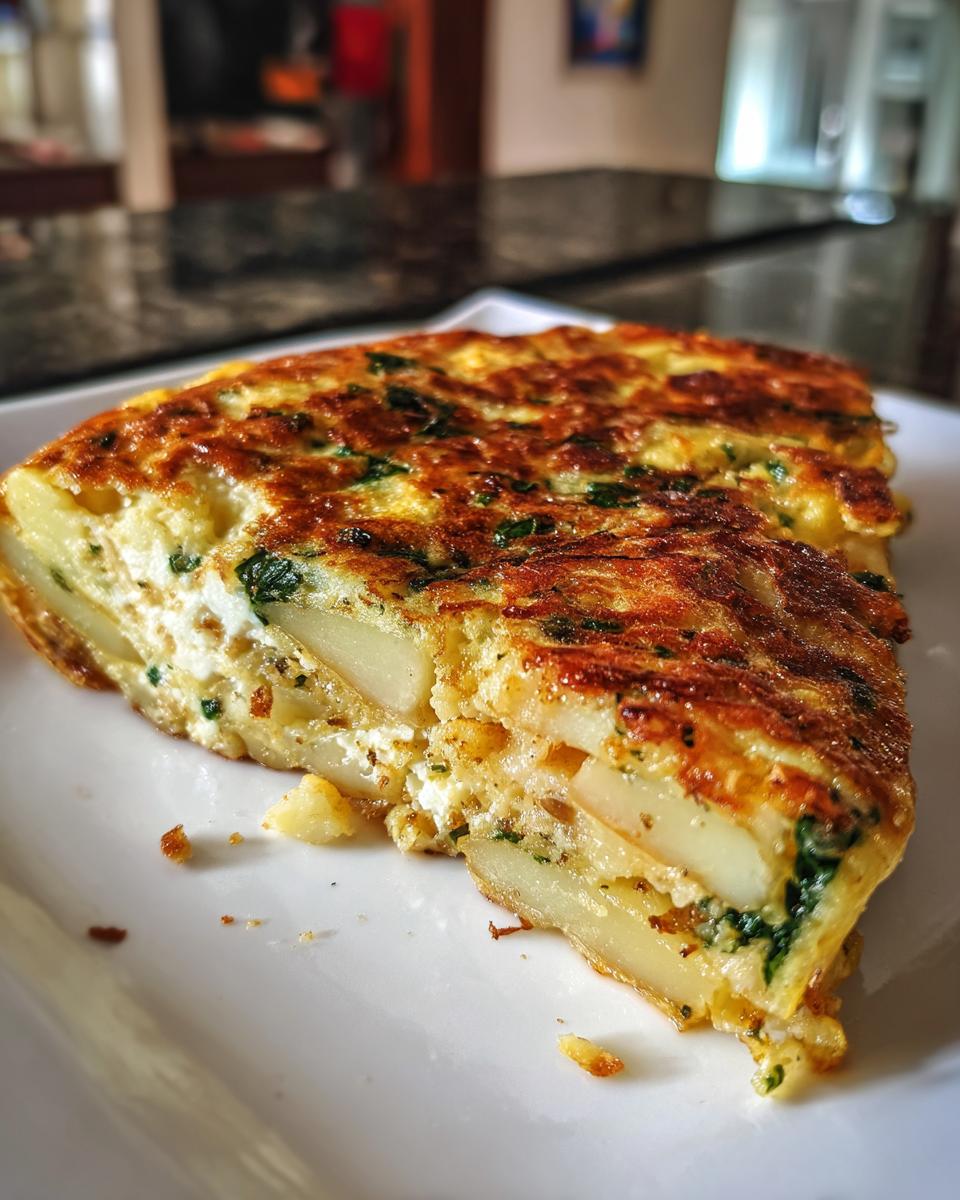 Porción de tortilla de patatas creativa con hierbas y textura dorada en plato blanco.