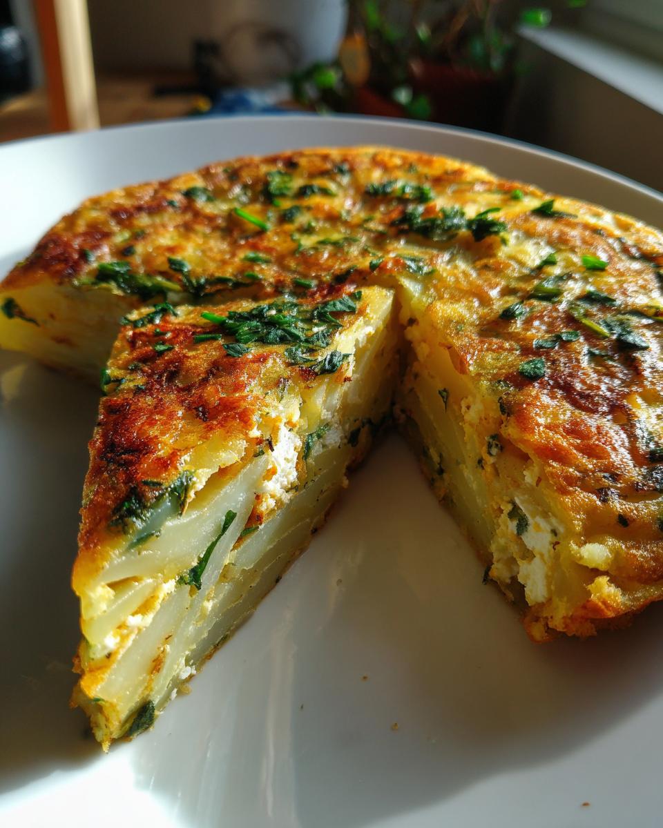 Tortilla de patatas creativa con hierbas frescas cortada en un plato blanco