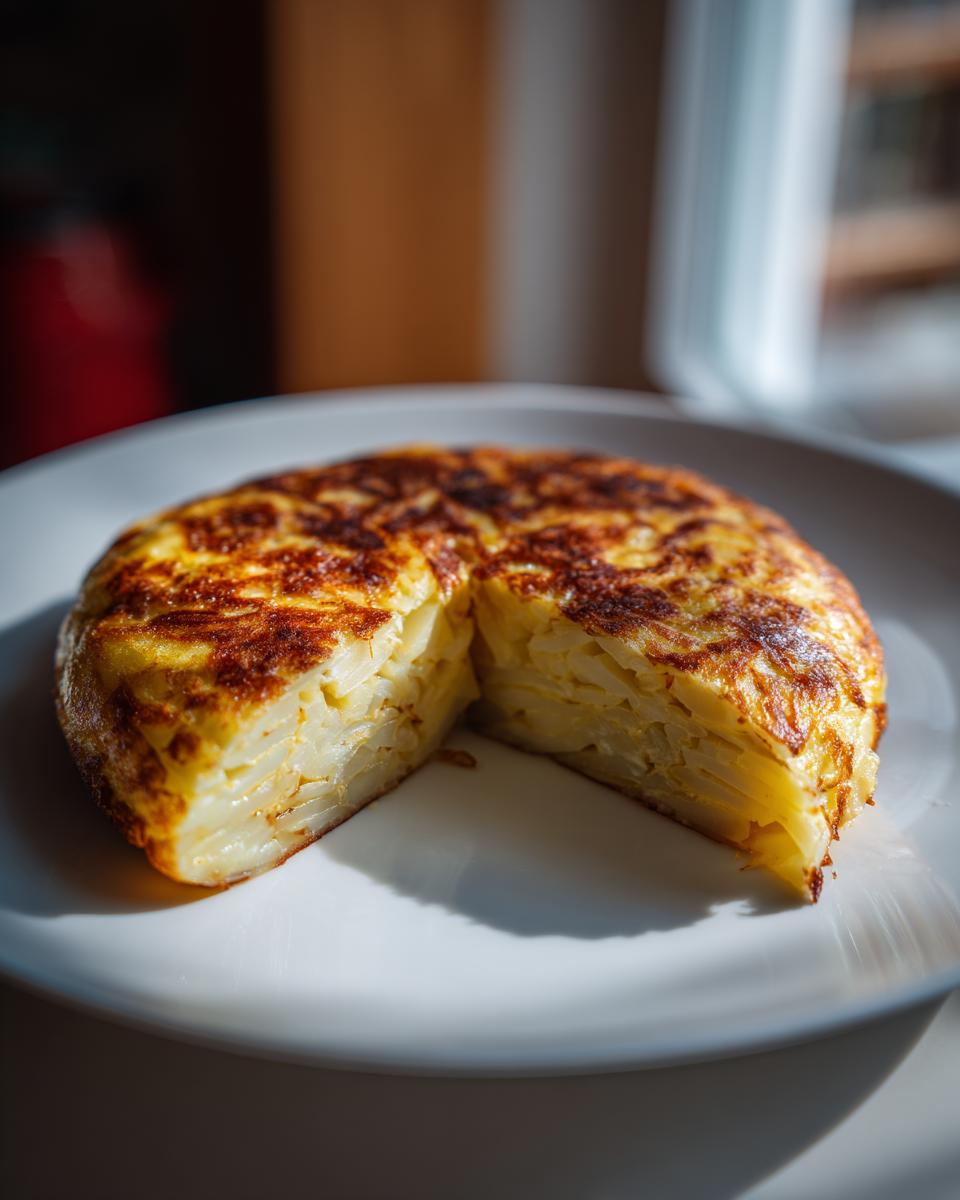 Tortilla de patatas receta tradicional con corte que muestra su interior jugoso y dorado
