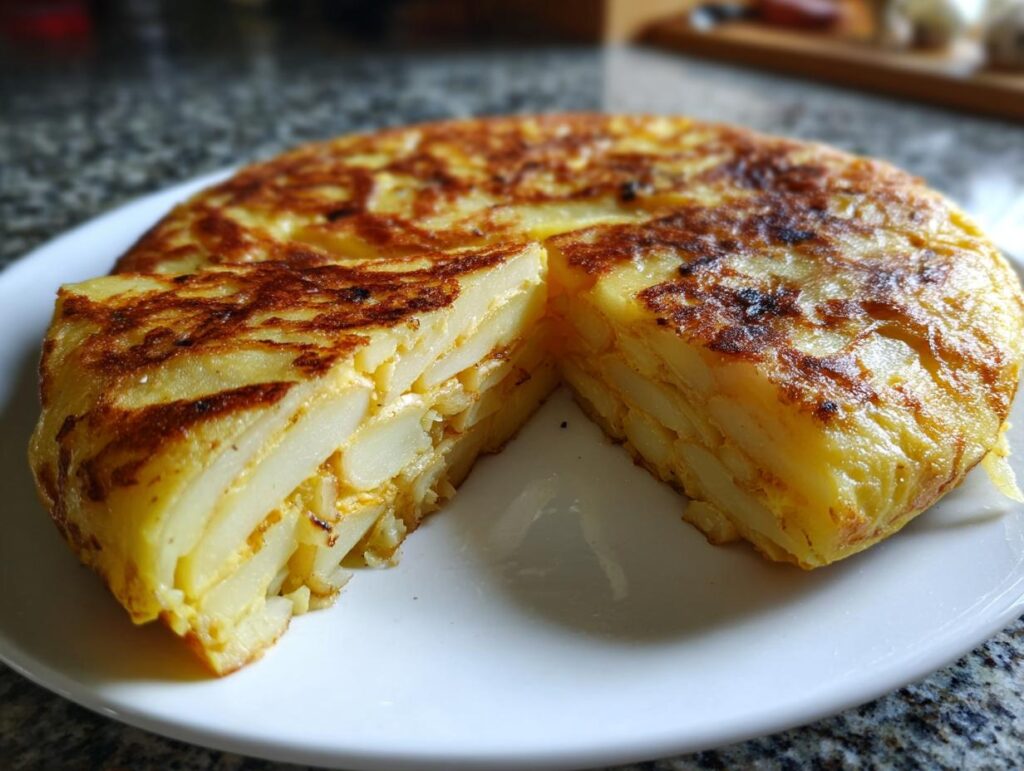 Tortilla de patatas tradicional española con corte mostrando capas de patata y huevo