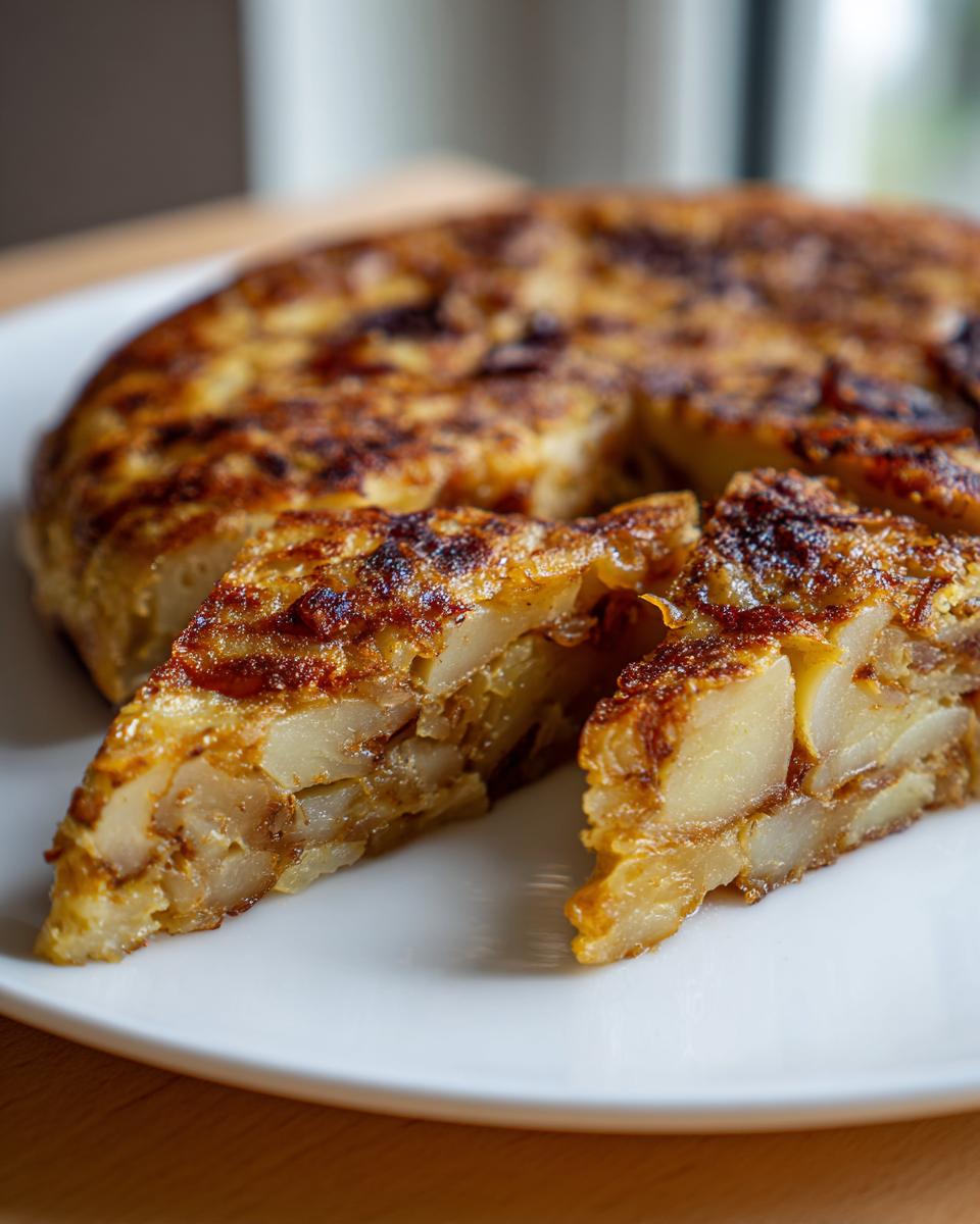 Tortilla de patatas tradicional con textura dorada servida en un plato blanco.