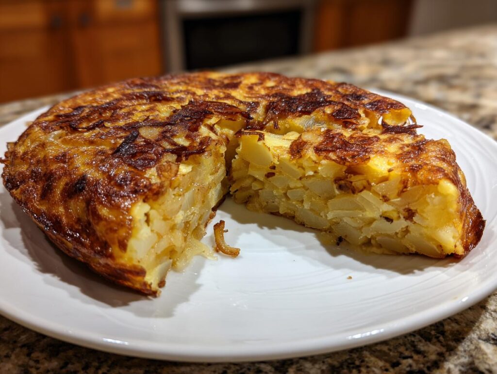 Tortilla de patatas dorada con una porción cortada en un plato blanco, ideal para recetas de brunch de fin de semana.