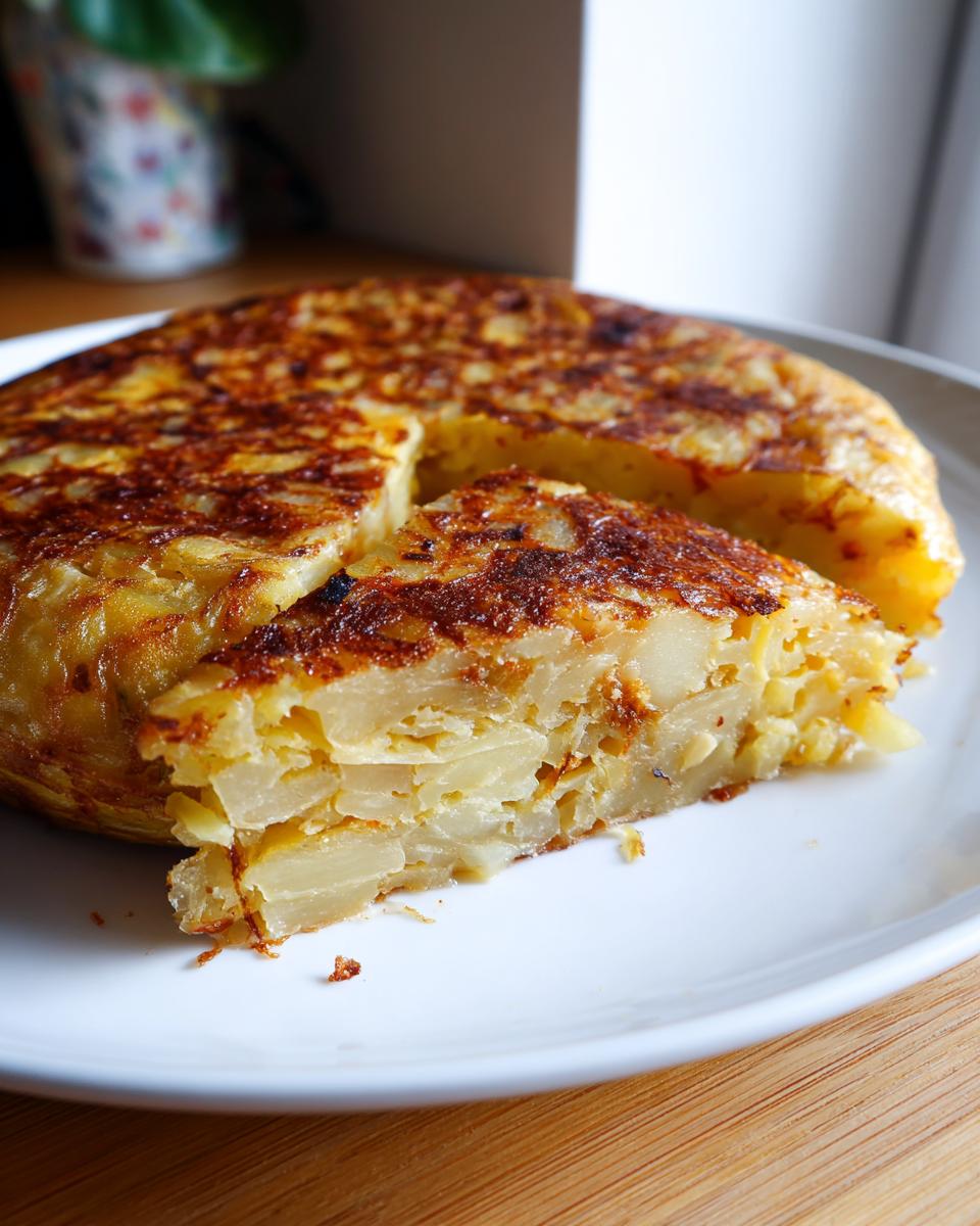 Tortilla de patatas dorada con una porción cortada en un plato blanco, ideal para recetas de brunch de fin de semana.