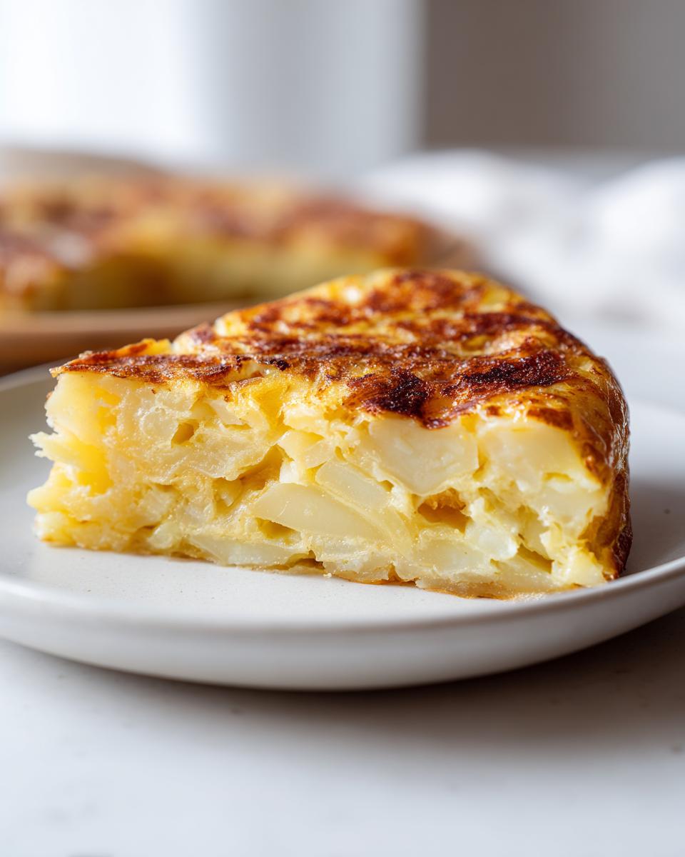 Porción de tortilla de patatas dorada y jugosa en un plato blanco, ideal para recetas para principiantes en cocina.