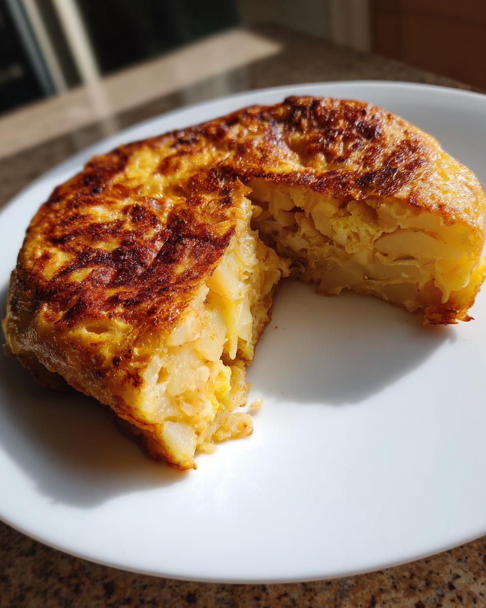 Tortilla de patatas casera con un trozo cortado en un plato blanco, ideal para recetas para principiantes en cocina
