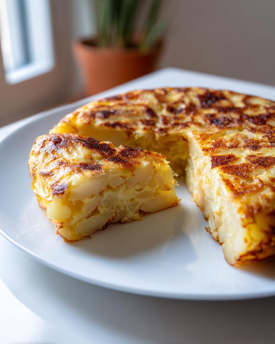Tortilla de patatas dorada con un trozo cortado en un plato blanco, ideal para recetas para principiantes en cocina