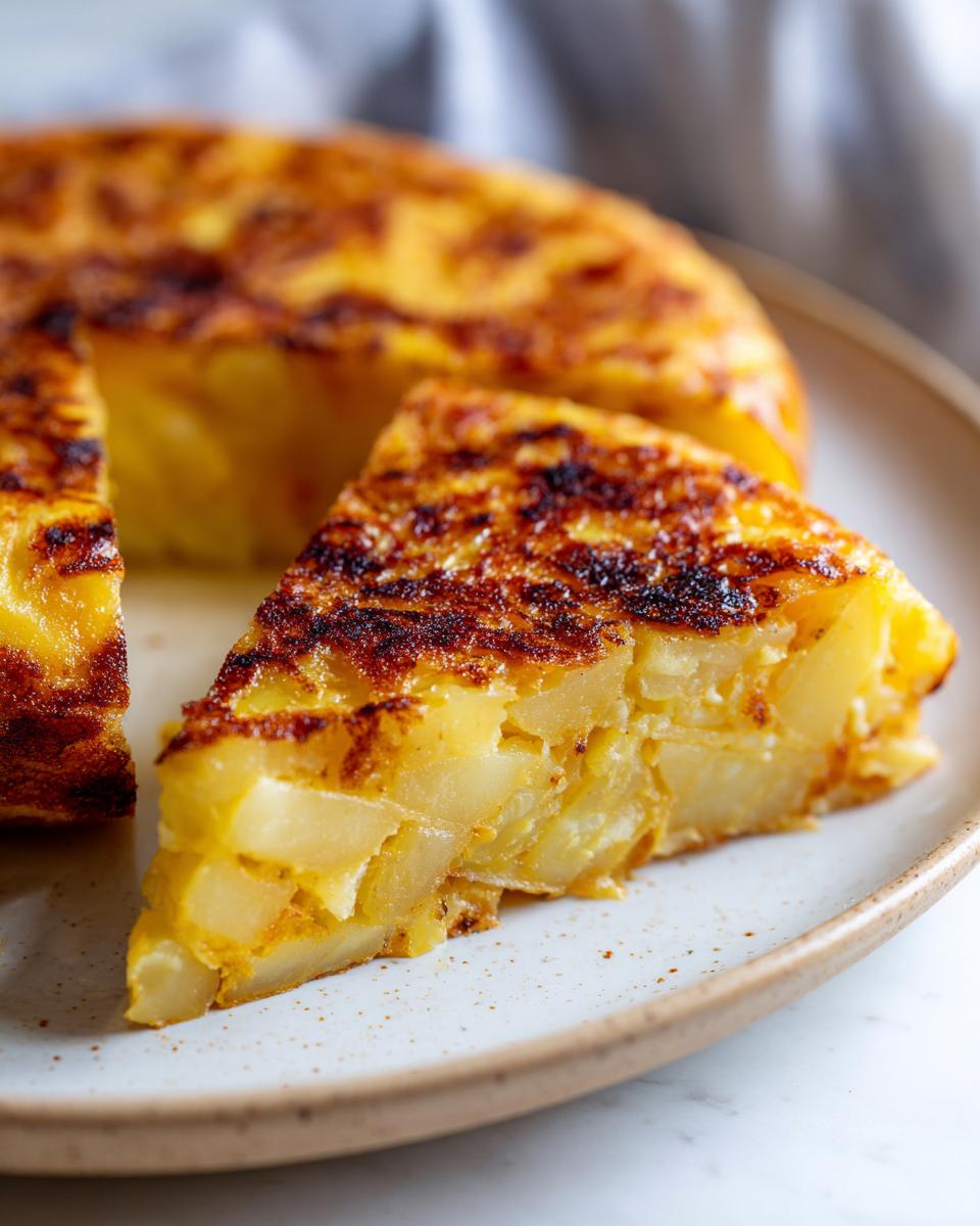 Porción de tortilla de patatas española con textura dorada y jugosa en un plato.