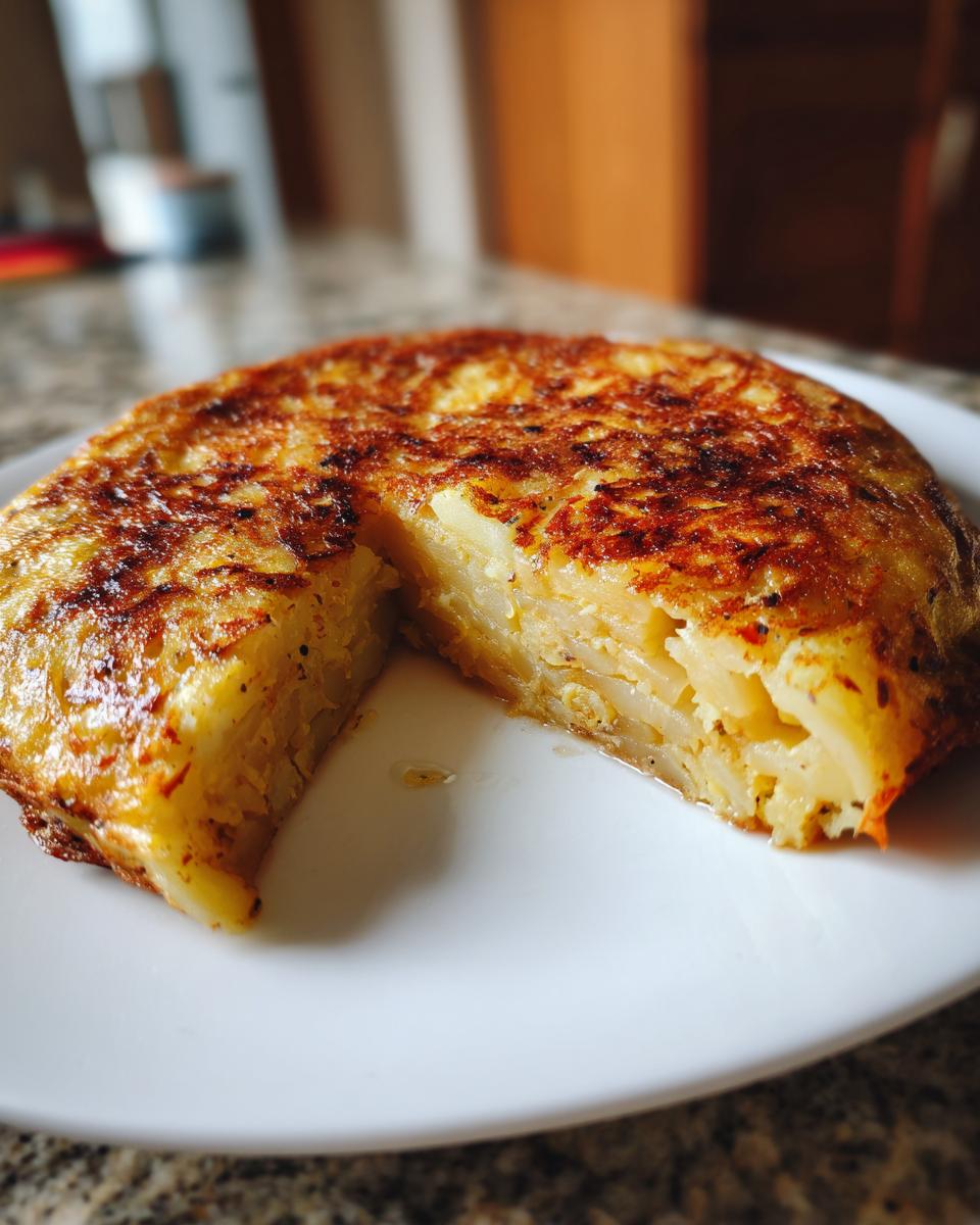 Tortilla de patatas casera con un trozo cortado en un plato blanco, receta de tapas españolas.