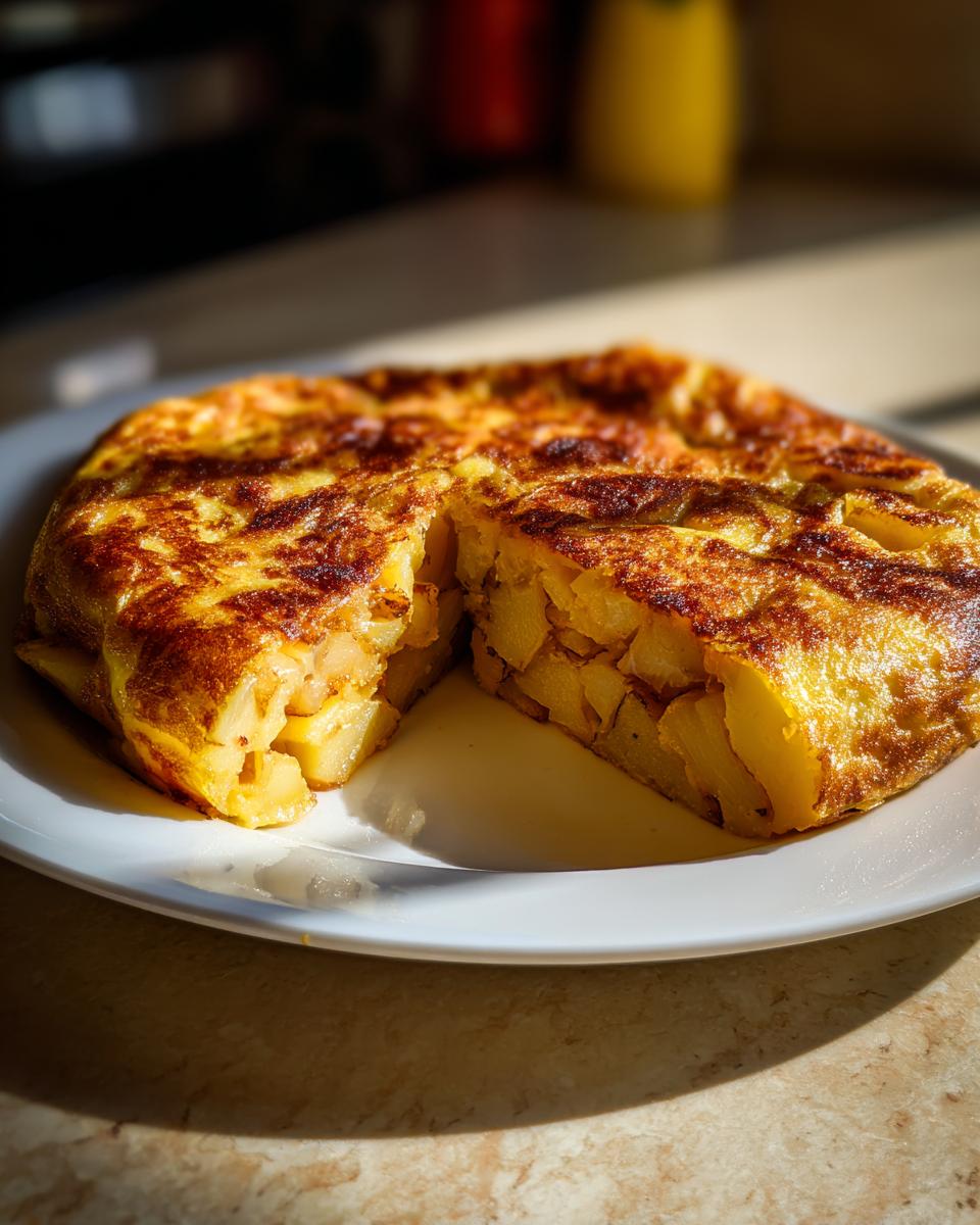 Tortilla de patatas tradicional española con un trozo cortado en un plato blanco.