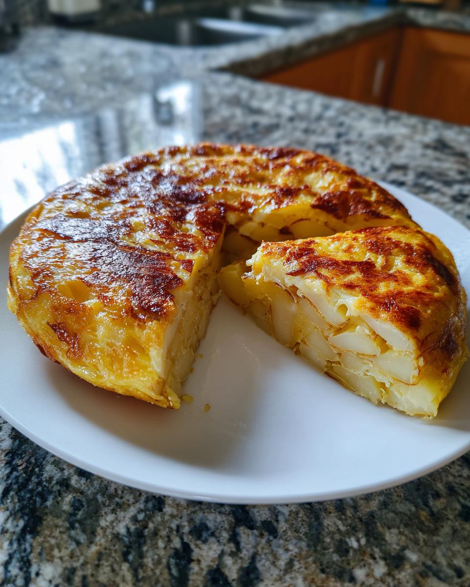 Tortilla de patatas tradicional española con un trozo cortado mostrando su interior jugoso