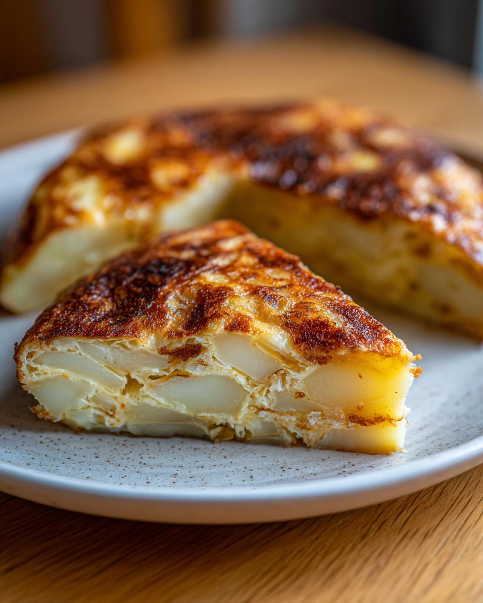 Porción de tortilla de patatas tradicional española con textura dorada en un plato blanco