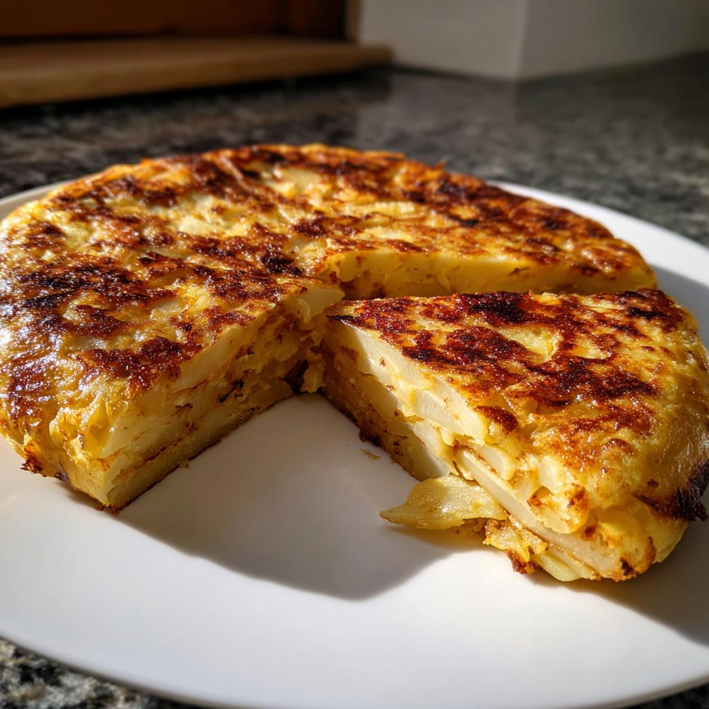 Tortilla de patatas tradicional española con un trozo cortado en un plato blanco