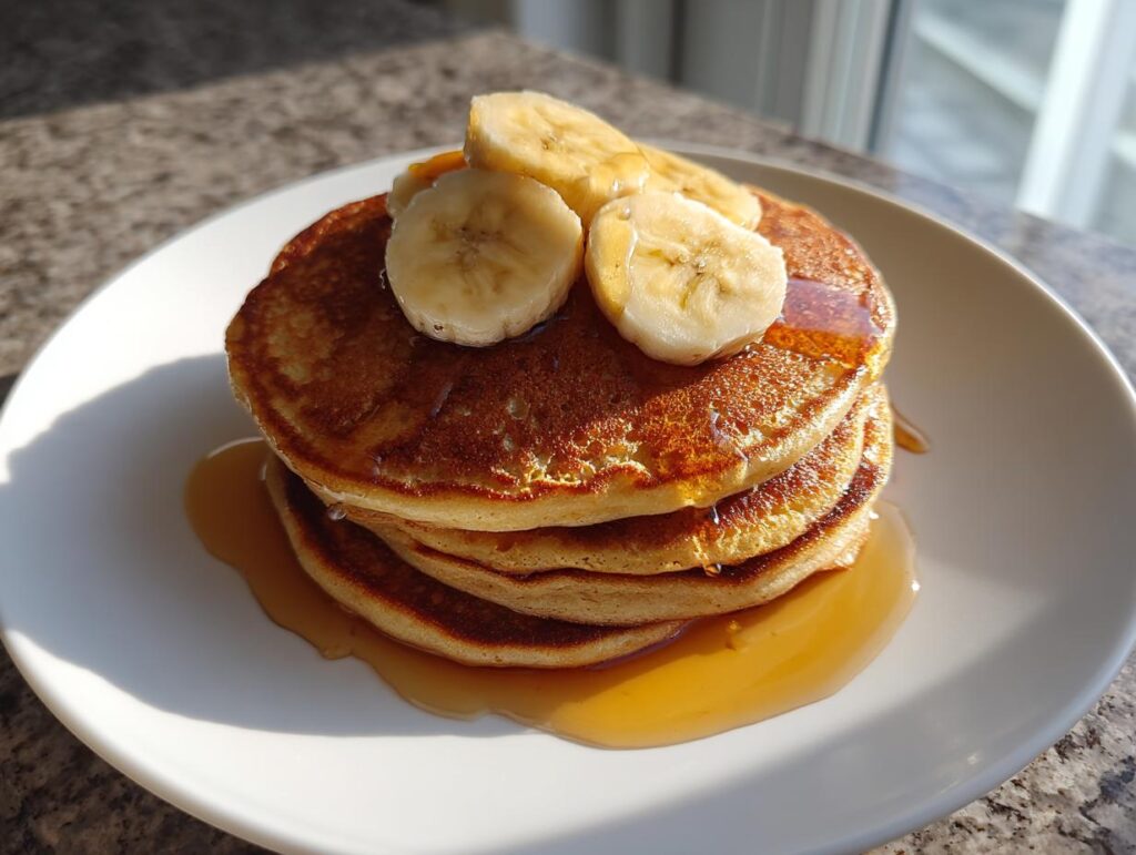 Pila de tortitas de avena saludables con rodajas de plátano y miel en plato blanco.