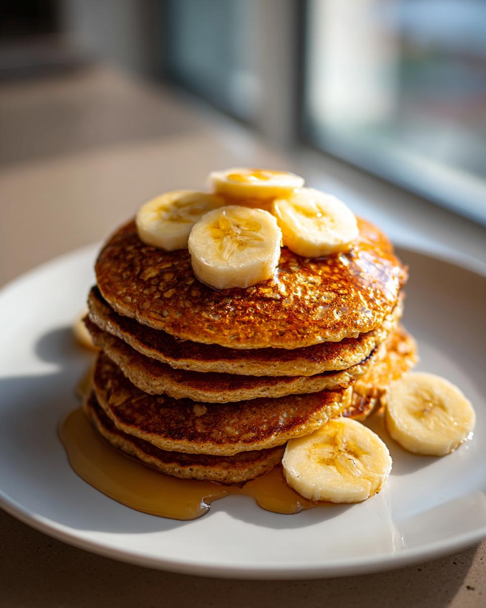Pila de tortitas de avena saludables con rodajas de plátano y miel en un plato blanco