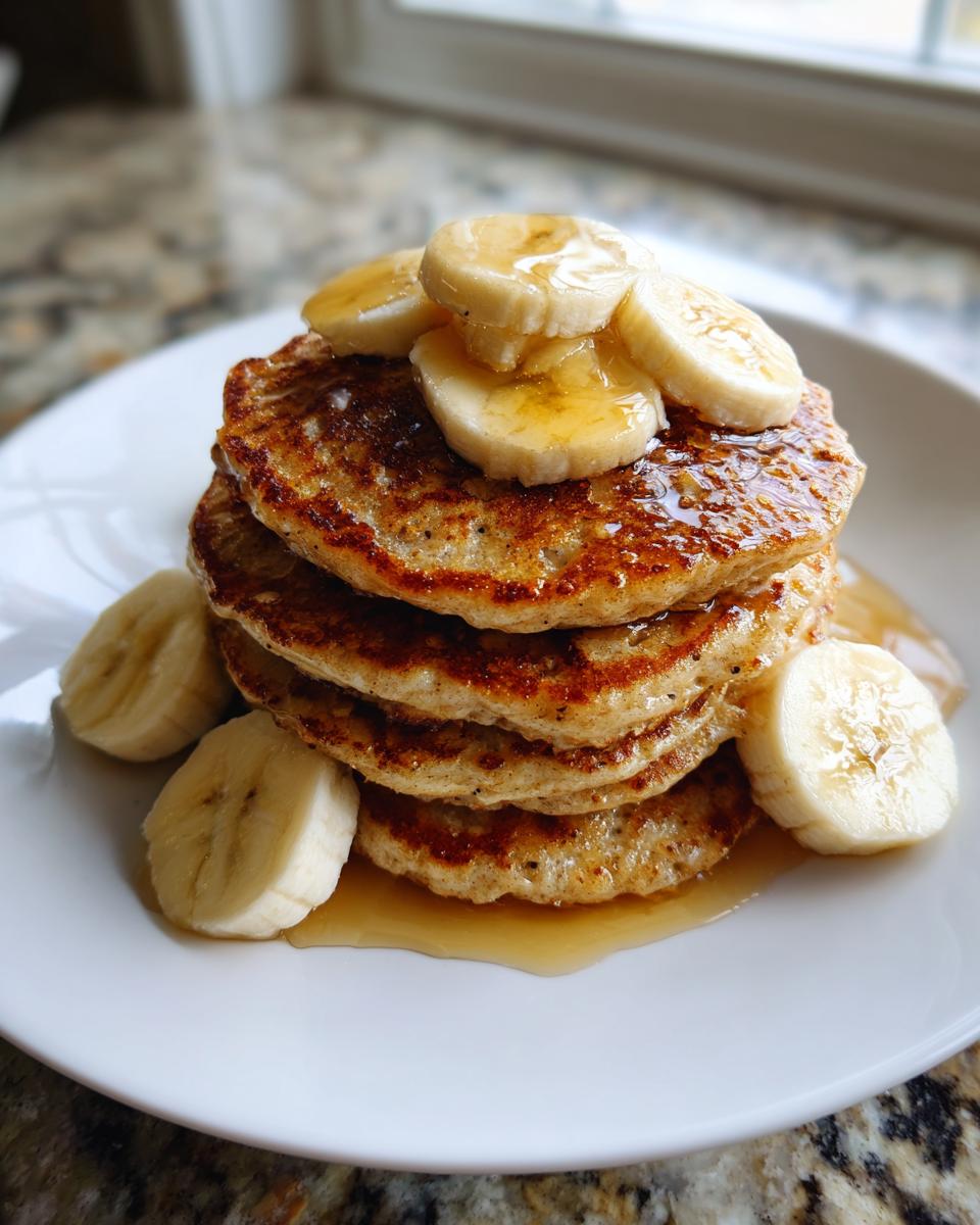 Pila de tortitas de avena saludables con rodajas de plátano y miel en un plato blanco.