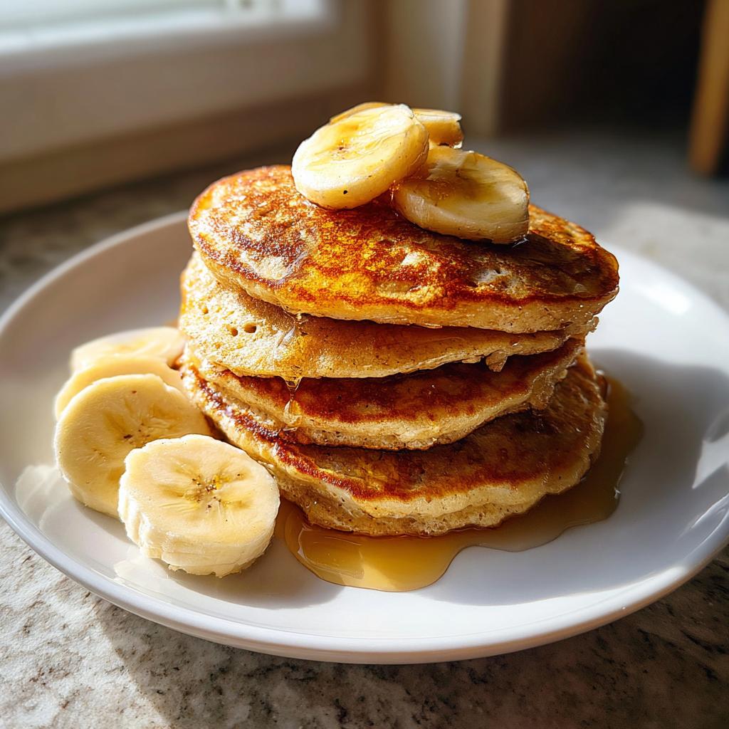 Tortitas de avena saludables apiladas con rodajas de plátano y miel en plato blanco