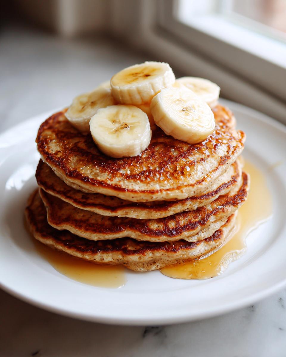 Pila de tortitas de avena saludables con rodajas de plátano y miel en plato blanco