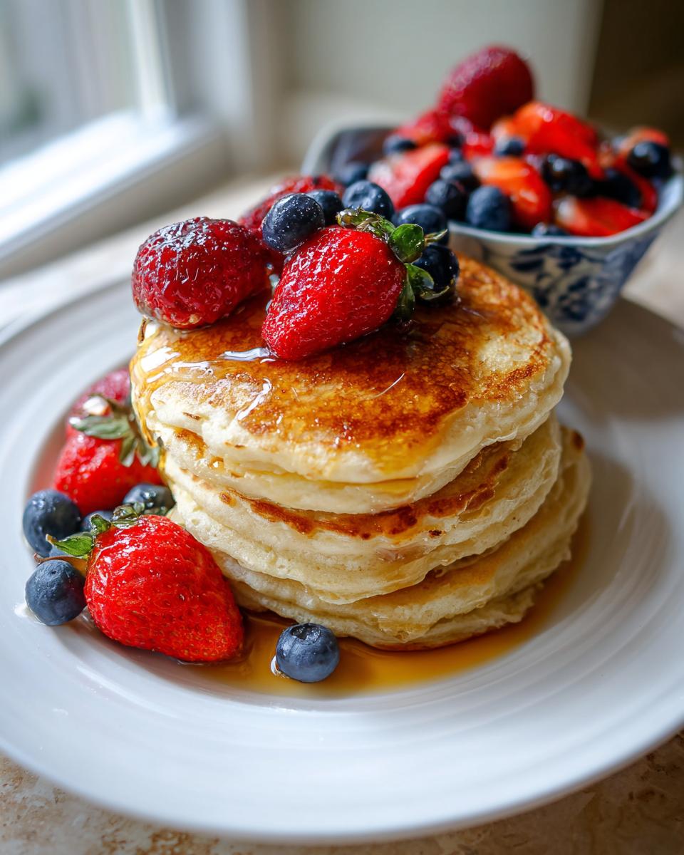Pila de tortitas con fresas y arándanos frescos y jarabe, ideas de brunch dominical primavera