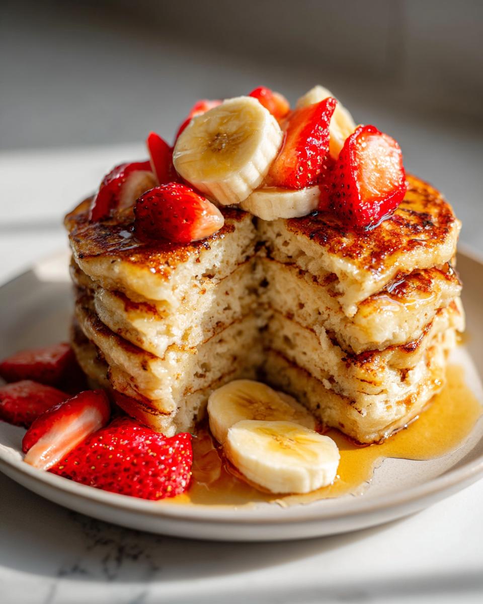 Tortitas proteicas apiladas con rodajas de plátano, fresas y miel en un plato.