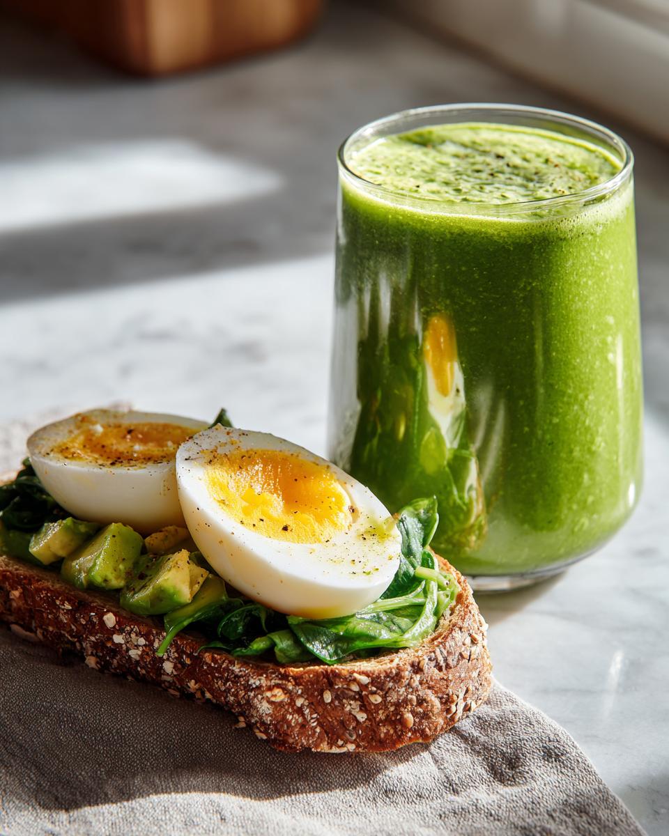 Tostada integral con huevo cocido, aguacate y espinacas junto a un batido verde saludable