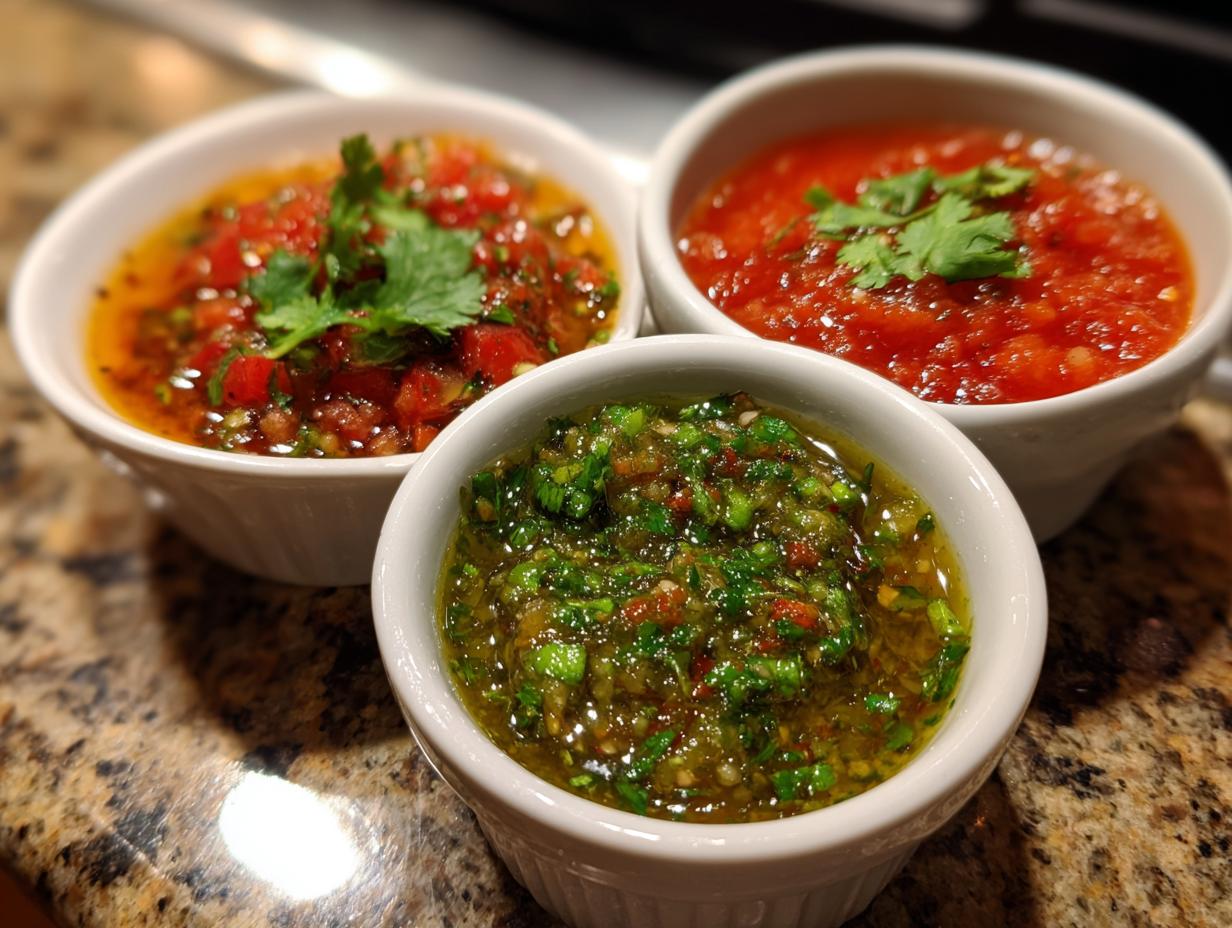 Tres salsas picantes caseras mexicanas en recipientes blancos con cilantro encima