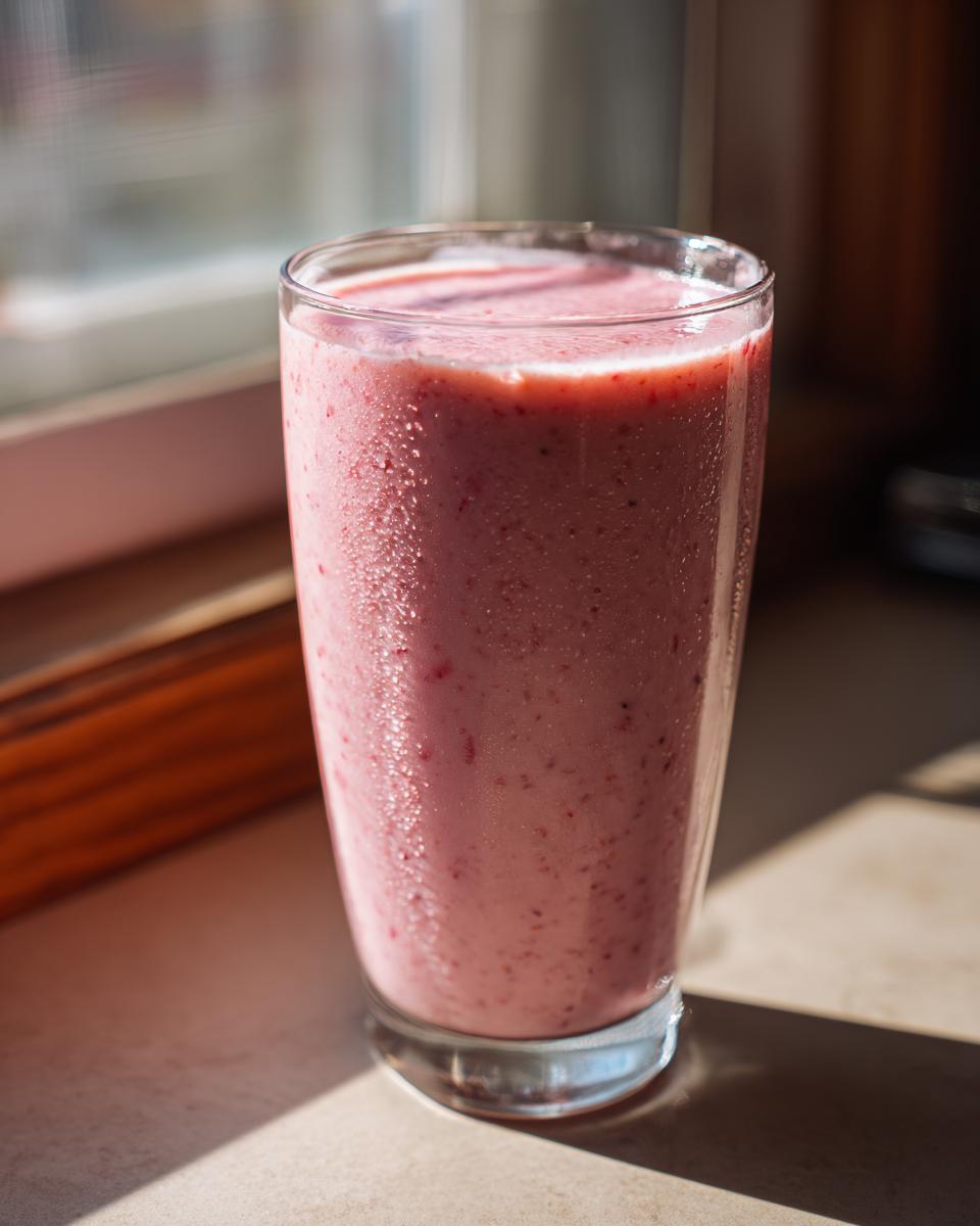 Vaso con smoothie rosa cremoso en una mesa cerca de una ventana, recetas de smoothies saludables