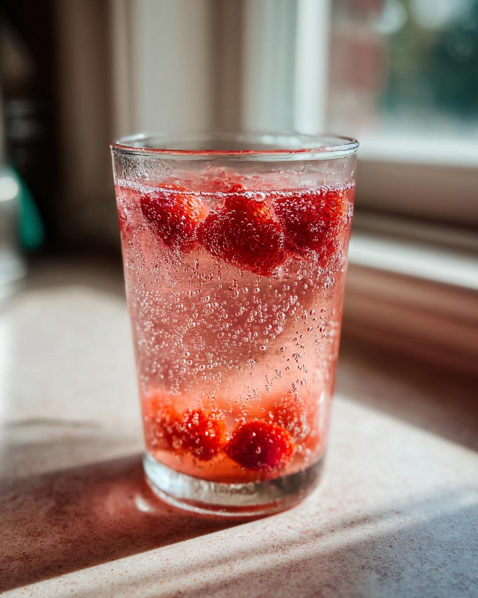 Vaso transparente con agua fresca de fresa y fresas flotando con burbujas