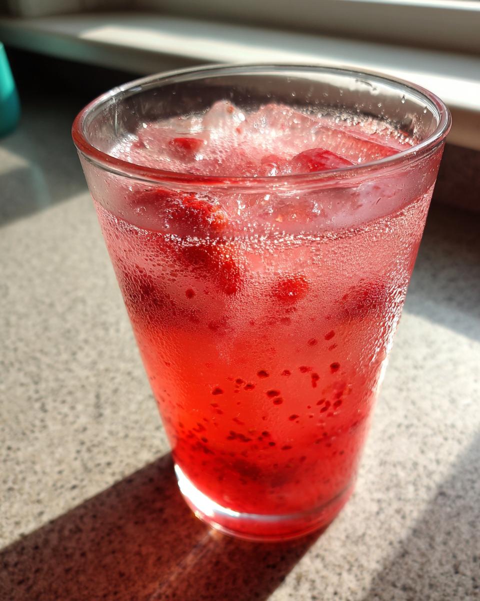 Vaso transparente con agua fresca de fresa y trozos de fresa con hielo.