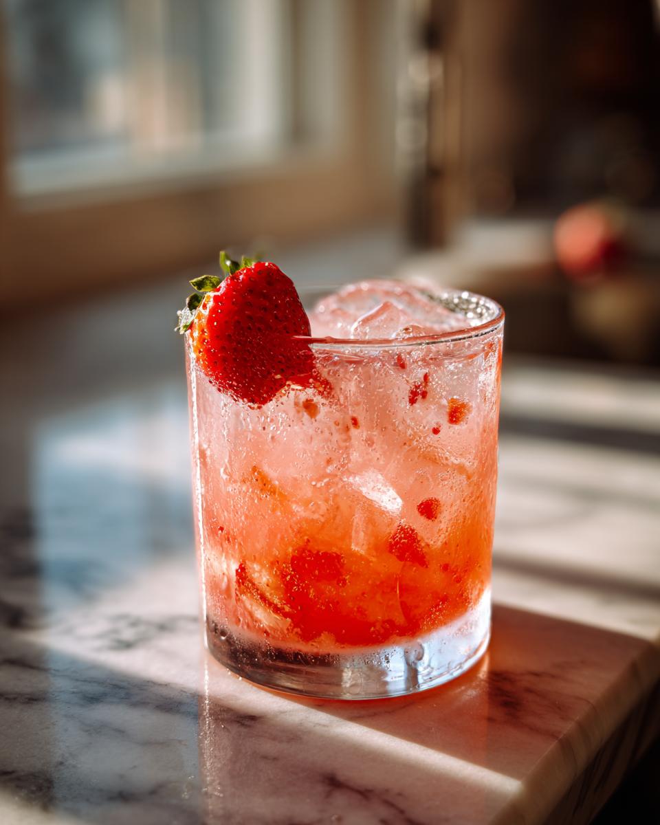 Vaso con agua fresca de fresa, hielo y una fresa fresca como adorno