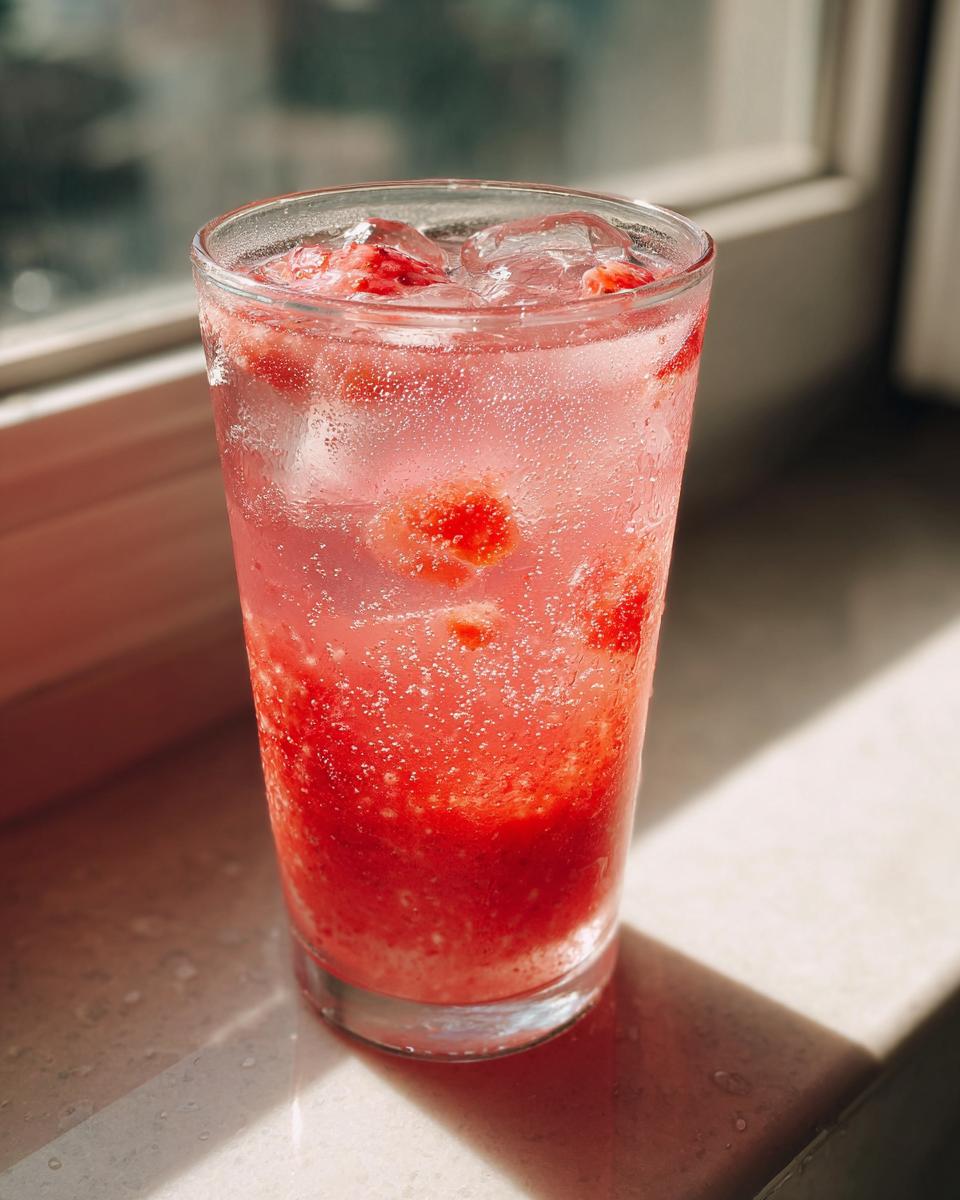 Vaso transparente con agua fresca de fresa, hielo y trozos de fresa.