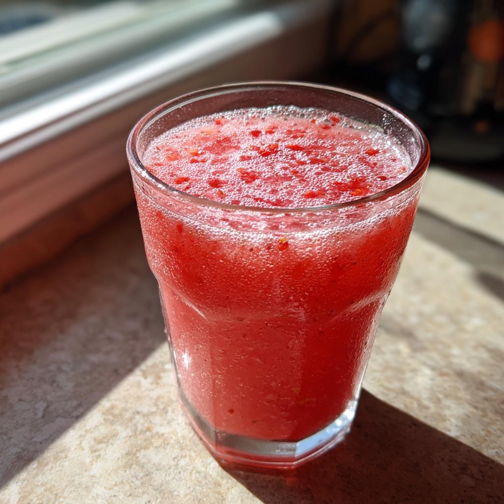 Vaso lleno de agua fresca de fresa con textura espumosa y color rojo vibrante