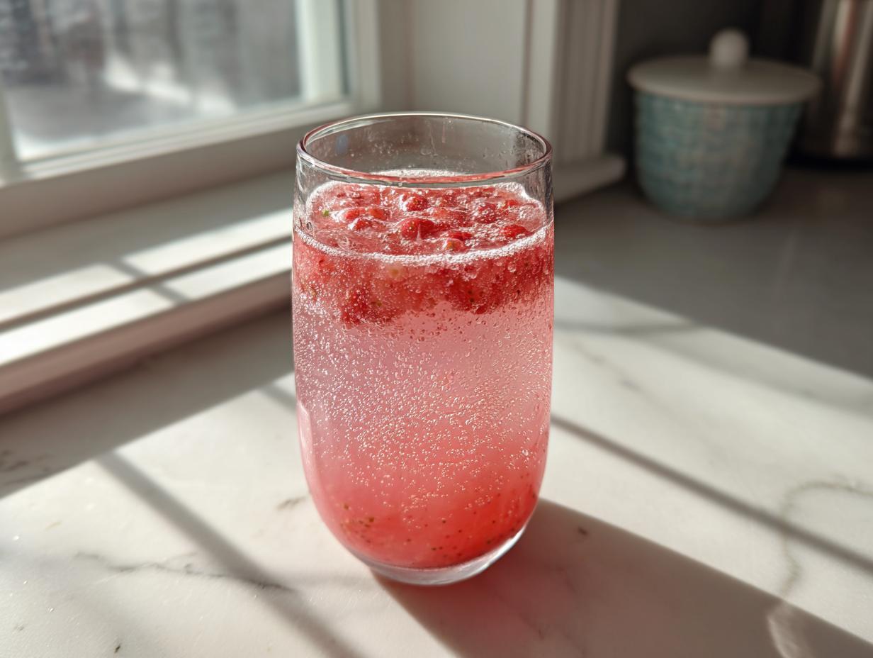 Vaso transparente con agua fresca de fresa con burbujas y trozos de fresa
