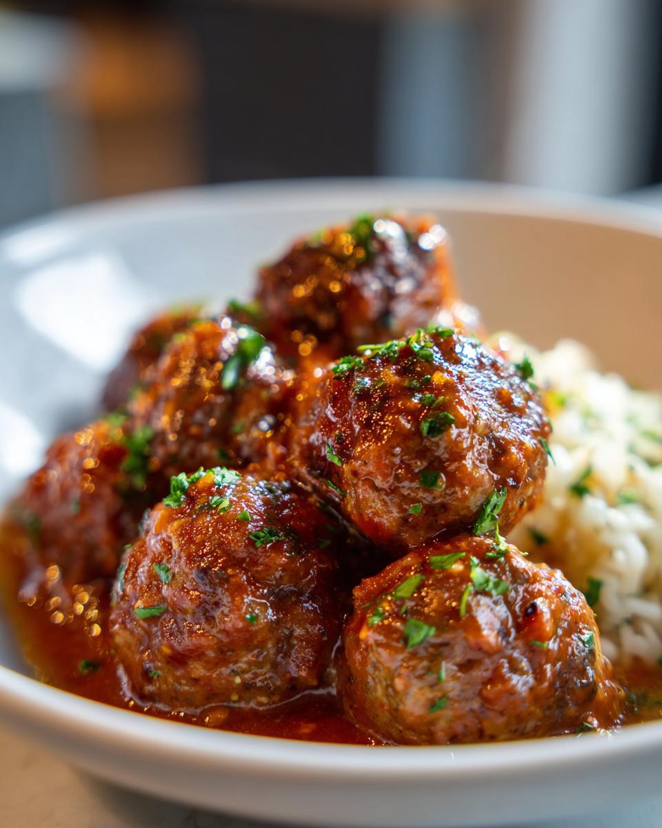 Albóndigas en salsa roja con perejil picado acompañadas de arroz blanco
