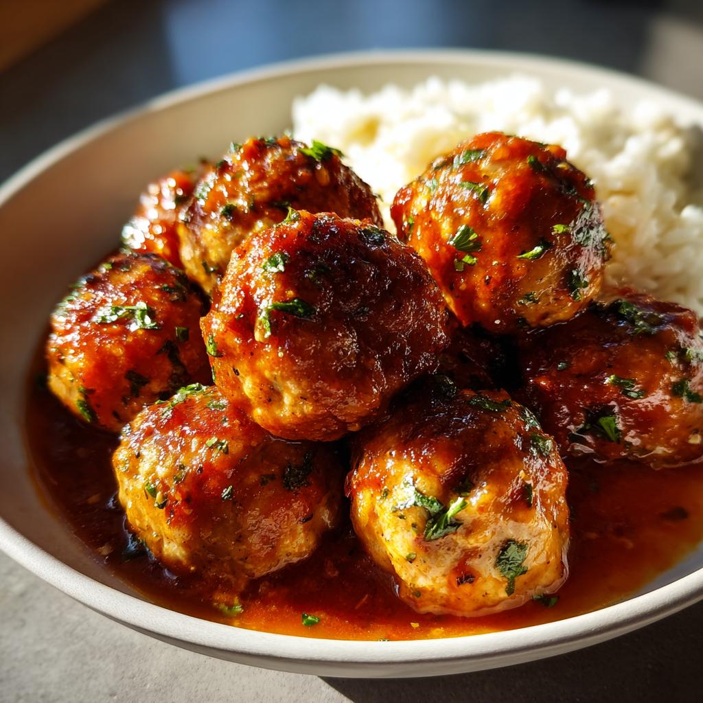 Albóndigas en salsa roja con perejil servidas junto a arroz blanco en un plato.