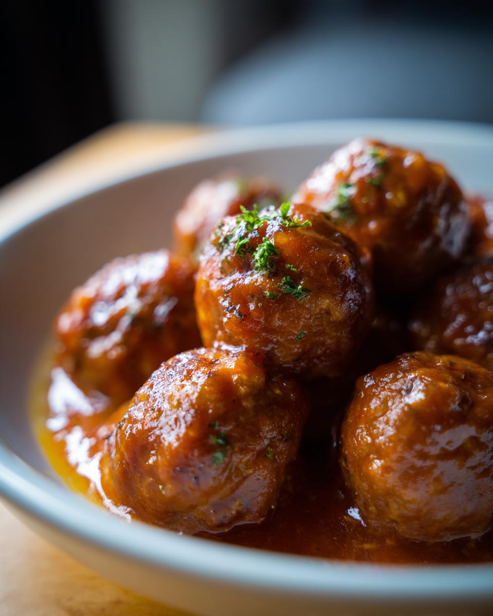 Primer plano de albóndigas en salsa con perejil fresco en un plato blanco.