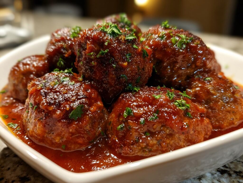 Albóndigas en salsa rojo intenso decoradas con perejil fresco en un plato blanco.