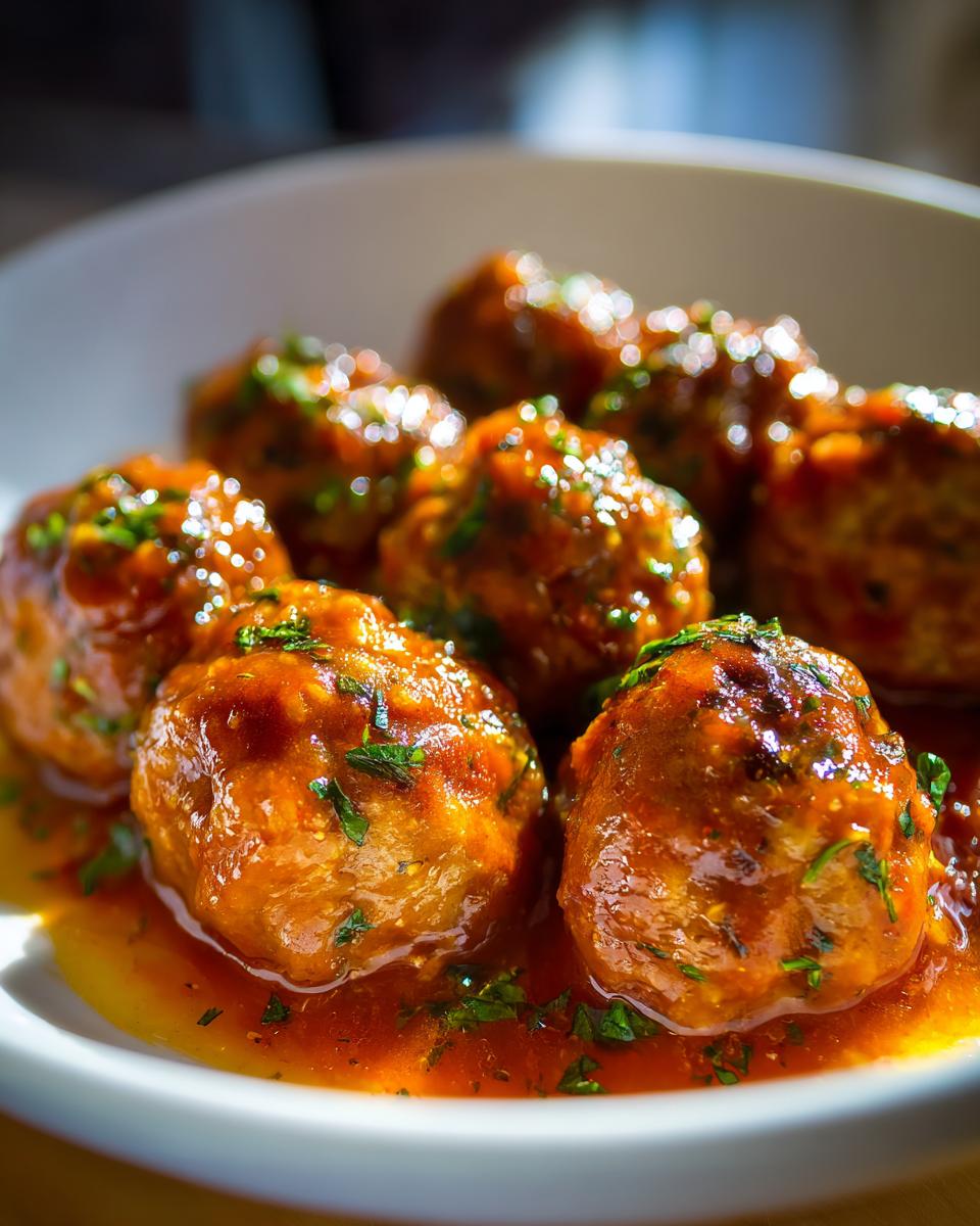 Albóndigas en salsa con salsa roja y perejil fresco en un plato blanco.