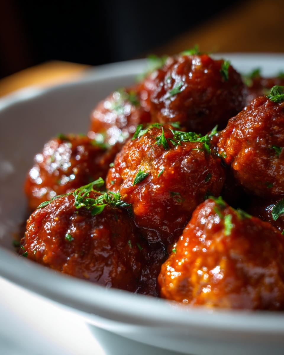 Albóndigas en salsa cubiertas con perejil fresco en un plato blanco