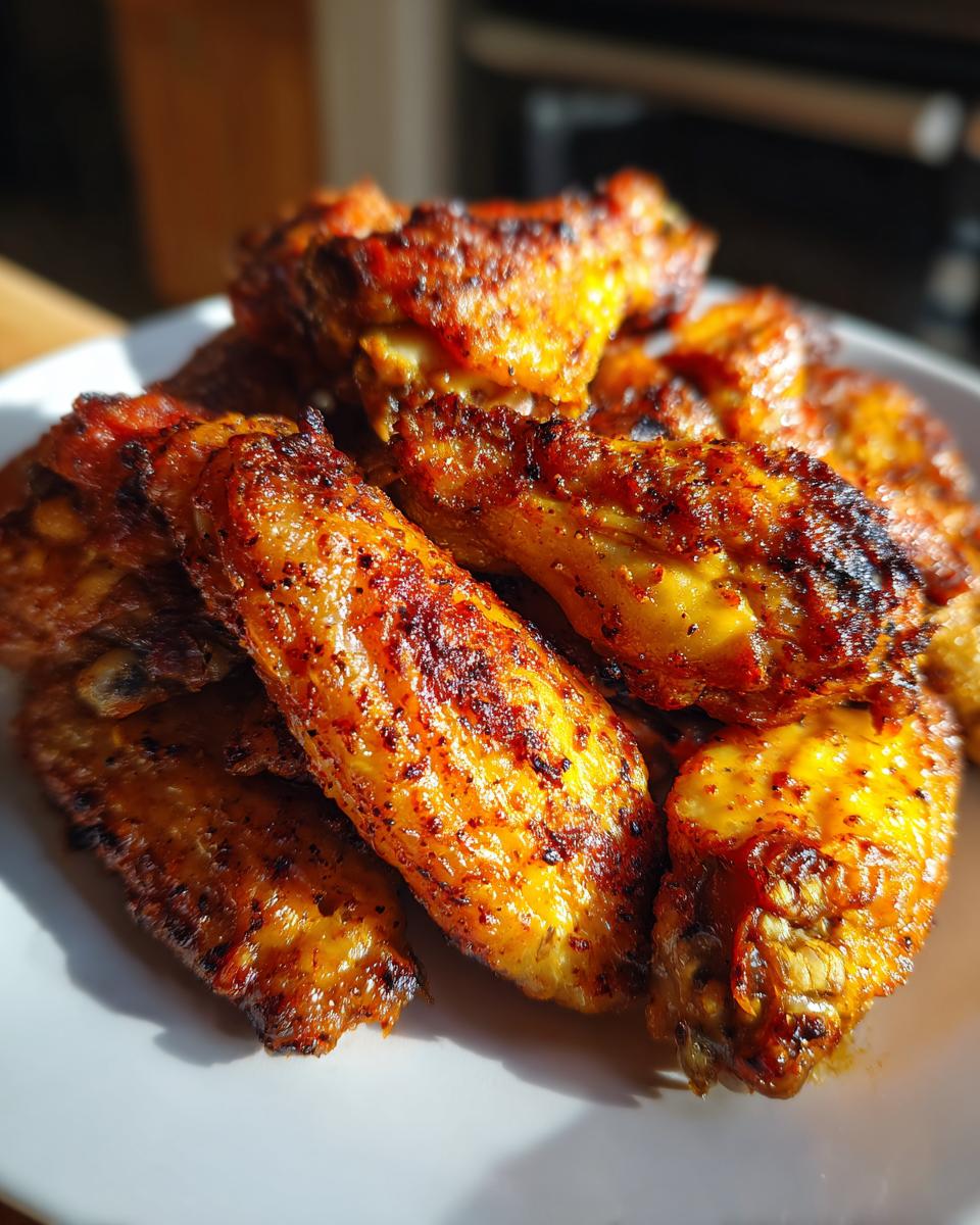 Alitas de pollo airfryer doradas y crujientes servidas en un plato blanco.