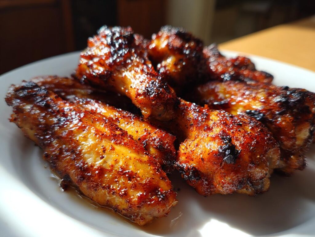 Alitas de pollo airfryer doradas y crujientes servidas en un plato blanco.