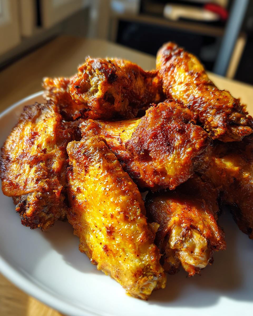 Alitas de pollo airfryer doradas y crujientes servidas en un plato blanco.