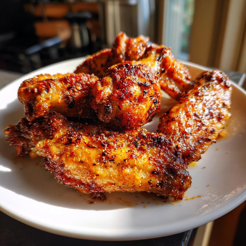Alitas de pollo airfryer doradas y crujientes servidas en un plato blanco.