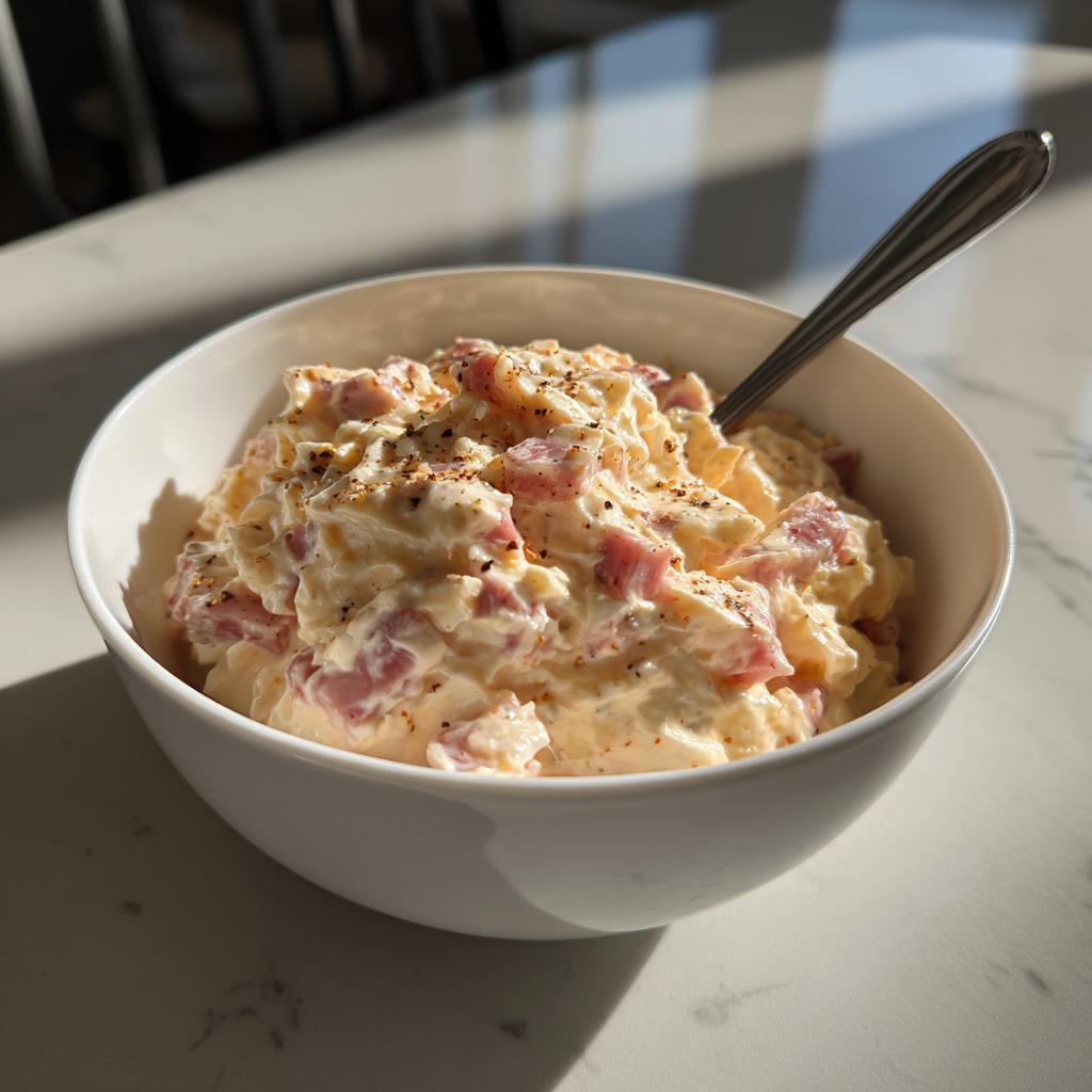 Bol blanco con aperitivo frío para llevar cremoso con trozos de jamón y pimienta