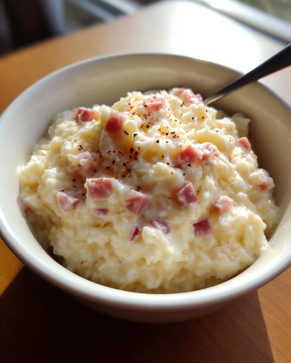 Tazón con aperitivos fríos para llevar de arroz cremoso con trozos de jamón y pimienta negra